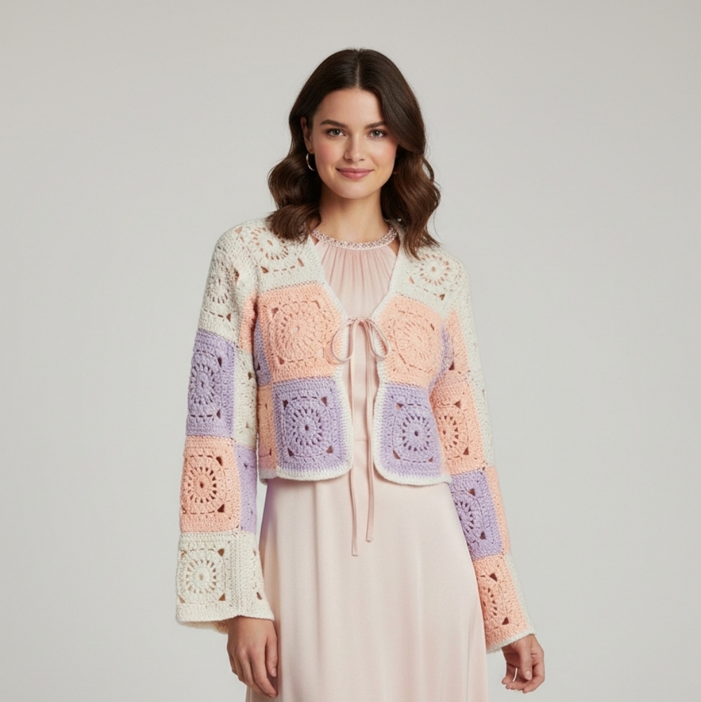 New Handmade pastel Crochet pinwheel granny Cardigan Sweater Size small/…